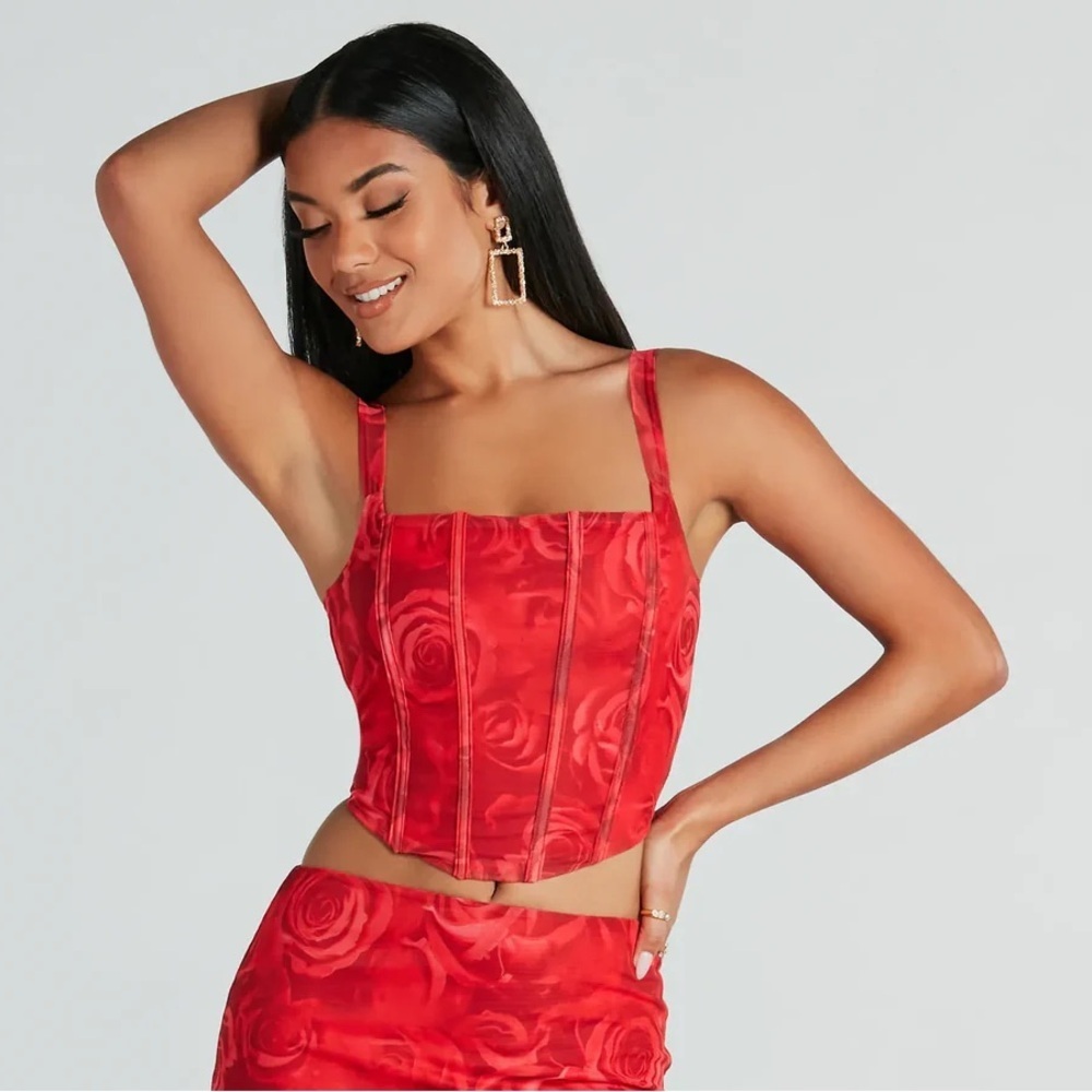 Windsor Red Rose Print Corset Bustier Top XS Lace-Up Back - Picture 2 of 11